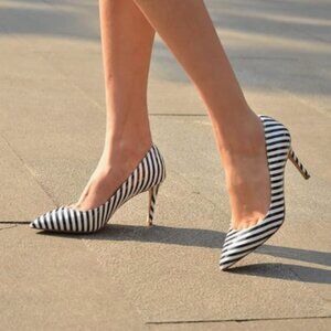 YDN Black Stripe Pointed Toe Stiletto Heel Pumps Slip on Slide Dress Shoe